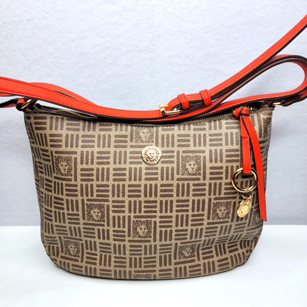Anne Klein‎ Stylish Brown Patterned Crossbody Bag w/ Red/Orange Strap. P167